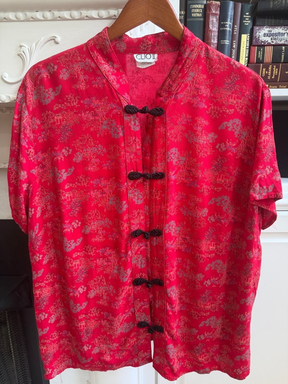 Whimsigoth Vintage CLIO II Red Asian Print Frog Closure Rayon Blouse 1X
